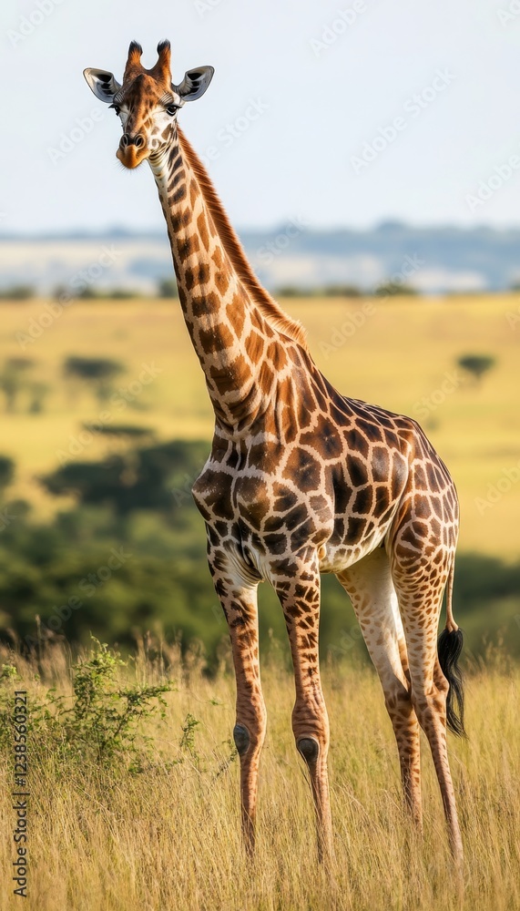 Striking portrait of a giraffe in the savannah, showcasing its graceful neck amidst nature s beauty Striking portrait of a giraffe in the savannah, showcasing its graceful neck amidst nature s beauty