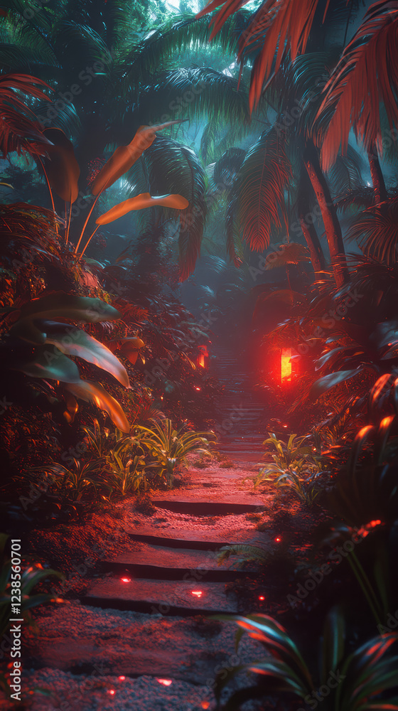Fototapeta premium vibrant jungle path illuminated by red lights, surrounded by lush greenery and tropical plants, creates mystical atmosphere. scene evokes sense of adventure and wonder