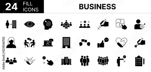 Collection of 24 Business fill icons featuring editable strokes. These outline icons depict various modes of Business, illustration, recruitment, labor, employment, 