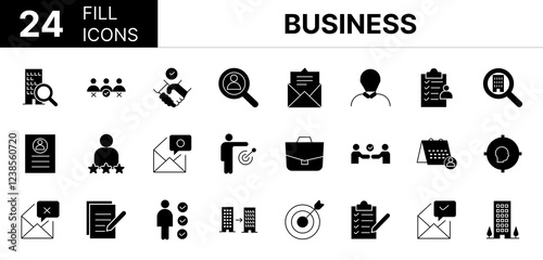 Collection of 24 Business fill icons featuring editable strokes. These outline icons depict various modes of Business, illustration, recruitment, labor, employment, 