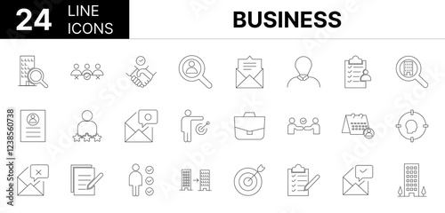 Collection of 24 Business line icons featuring editable strokes. These outline icons depict various modes of Business, illustration, recruitment, labor, employment, 