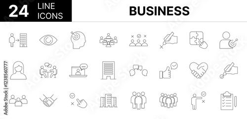 Collection of 24 Business line icons featuring editable strokes. These outline icons depict various modes of Business, illustration, recruitment, labor, employment, 