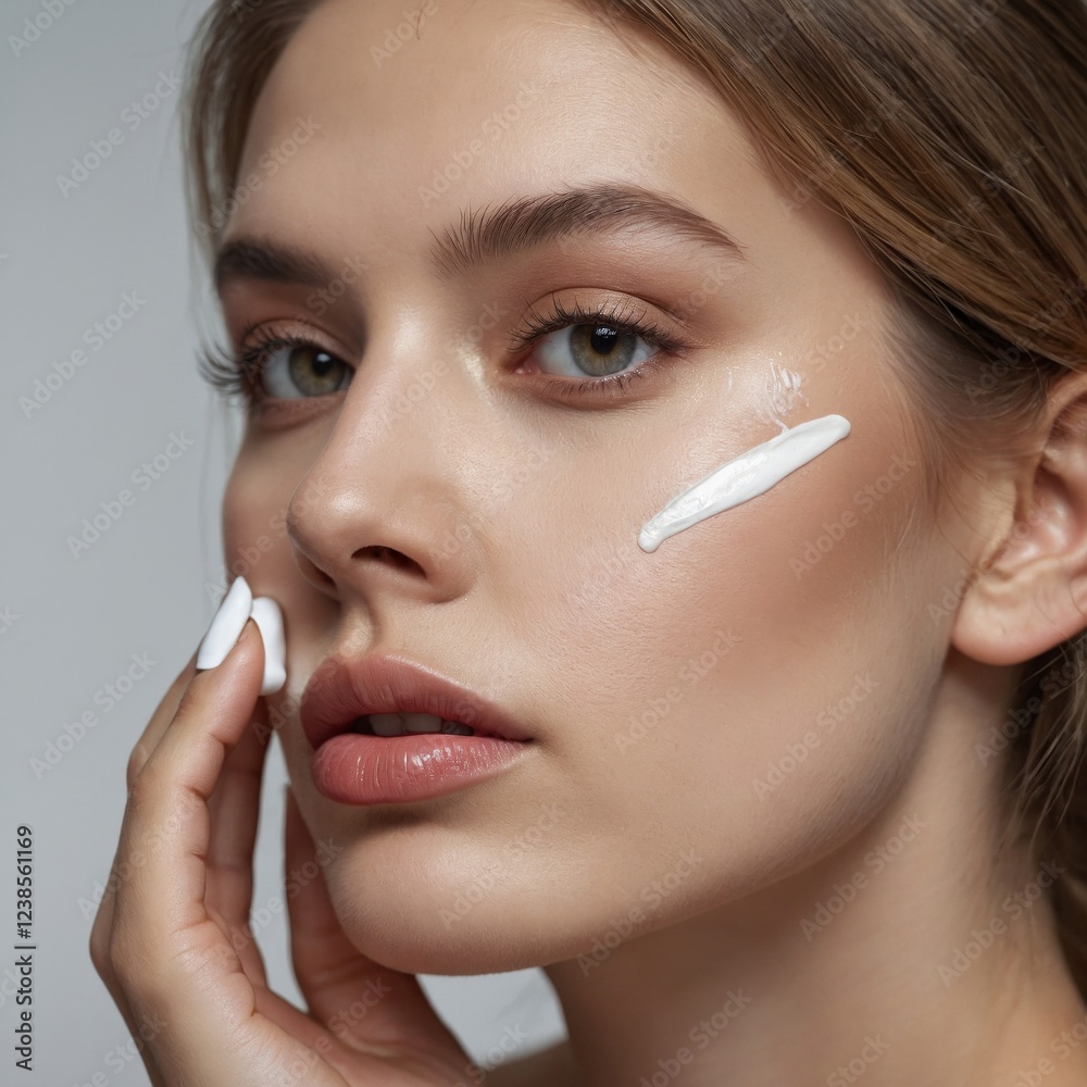 Young woman applying skincare product on her face in a calm indoor setting Young woman applying skincare product on her face in a calm indoor setting