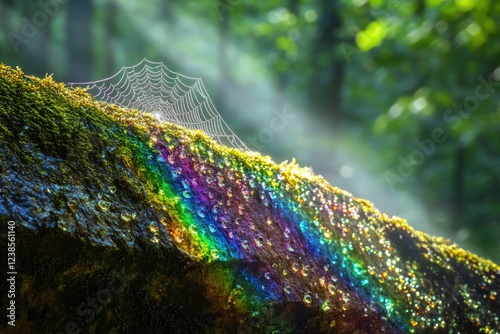 Dew-covered spiderweb on mossy log refracts sunlight, creating a vibrant rainbow spectrum.