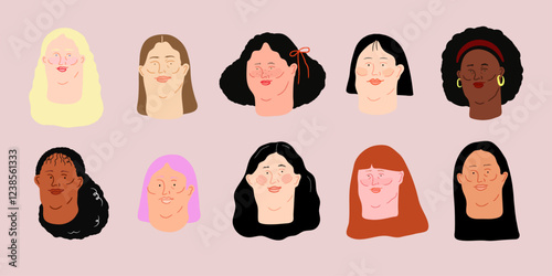 Women Faces Set Vector Illustration. Diversity. Women's day.