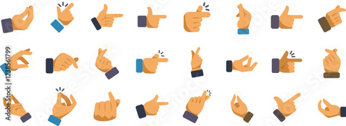 Collection of various hand gestures including pointing, snapping, and others, suitable for communication and expression concepts