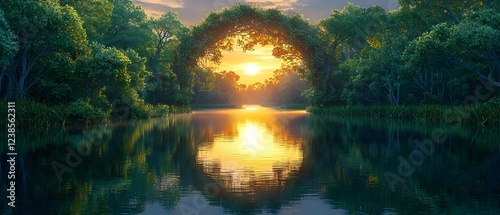 A serene sunset over a tranquil lake, framed by lush greenery, creating a picturesque reflection of warm golden hues on the water's surface.