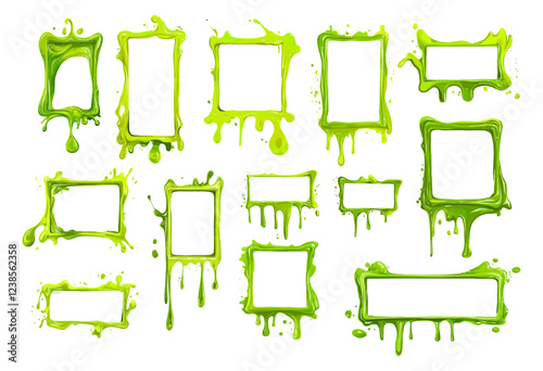 Acid green melting frames cartoon vector set. Molting blobs smudges splashes fusing dripping empty borders leaking sour squares, isolated illustrations on white backdrop
