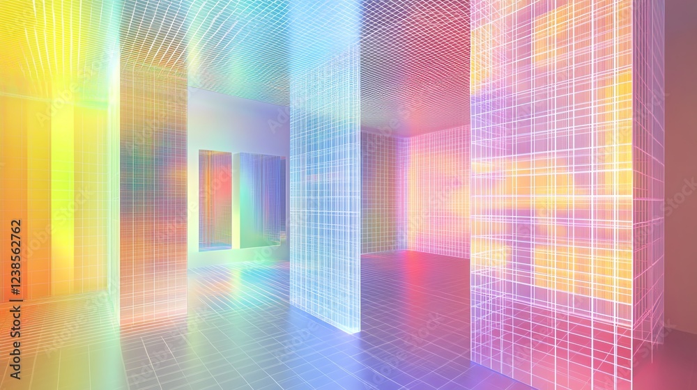Colorful Abstract Digital Space With Illuminated Grid Patterns and Vibrant Light Reflections in a Modern Setting Colorful Abstract Digital Space With Illuminated Grid Patterns and Vibrant Light Reflections in a Modern Setting