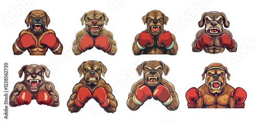 Aggressive boxer bulldog cartoon vector set. Red gloves angry canine fighter animal ready to fight pose character, boxing sport pet, martial art brawler gym logos, isolated vectors on white