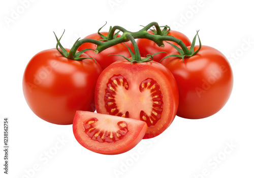 Whole red tomatoes with one slice showing juicy pulp, isolated on white background