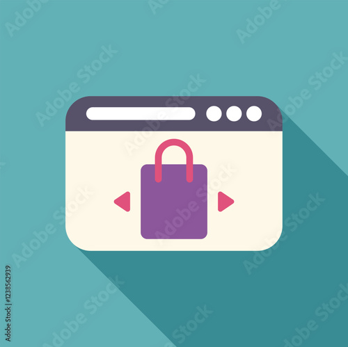 Online shopping website page with shopping bag and arrows for browsing products, symbolizing e commerce and consumerism