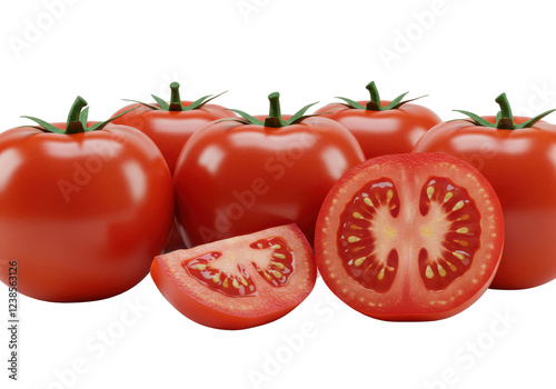 Whole red tomatoes with one slice showing juicy pulp, isolated on white background