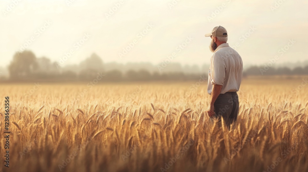 Farmer surveys golden wheat field at sunrise Farmer surveys golden wheat field at sunrise