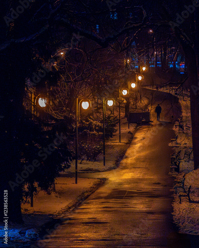 Empty parkway at night. Winter in the night park. Streets with snow. Yellow sodium lamps.
