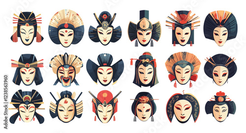 Asian masks cartoon vector set. Kabuki japan traditional chinese ceremonial face cover cult accessories, queen king demon fiend princes prince lord theatre actors characters avatars artworks