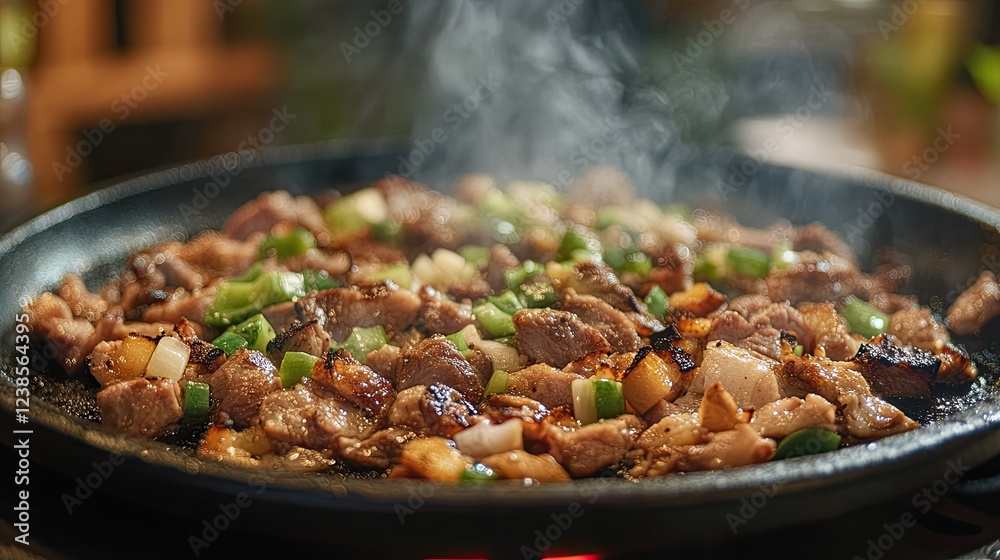 Sizzling savory meat and green peppers in a hot pan with rising steam Sizzling savory meat and green peppers in a hot pan with rising steam