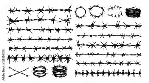 Barbed wires black vector set. Steel thorn prison jail cables, spiked security sharp coiled razor edged cords war battlefield barricades, isolated illustration on white background