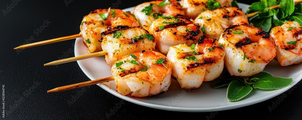 Grill seafood skewer concept. Minimalistic shot of seafood skewers with fresh herbs, black background, grilled seafood skewer, modern food art style Grill seafood skewer concept. Minimalistic shot of seafood skewers with fresh herbs, black background, grilled seafood skewer, modern food art style