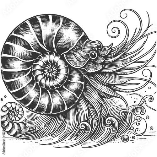 Nautilus engraving sketch vector illustration