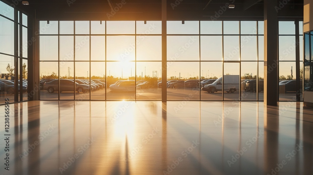 Fototapeta premium Empty car dealership lot at sunset, showcasing a serene and quiet atmosphere with no vehicles or customers, reflecting the end of a business day and the transition to evening calm.