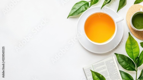 Wallpaper Mural Mindfulness workspace - A minimalist desk setup with a laptop, a mindfulness book, and a cup of green tea, isolated on a modern white background with copy space Torontodigital.ca