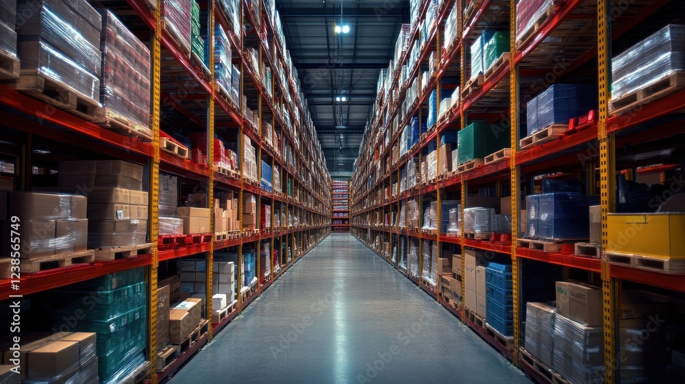 Fototapeta premium Extensive Warehouse Rows Filled With Packed Goods