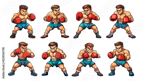 Boxers cartoon vector set. Martial art red gloves man ready to fight sport character, brawlers puncher ring competition angry pugilist fighter, isolated illustrations on white background