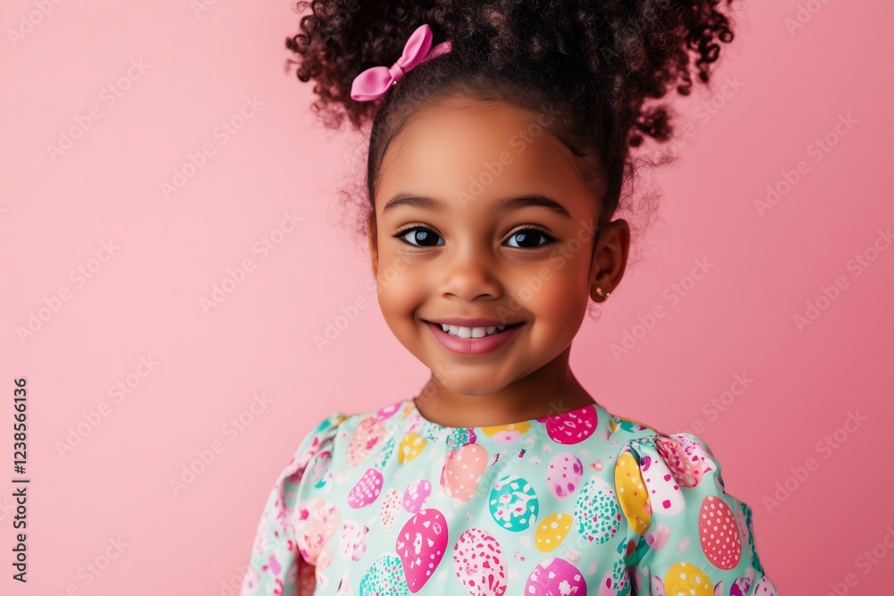 smiling black little girl wearing an Easter print dress with eggs, pastel pink background smiling black little girl wearing an Easter print dress with eggs, pastel pink background