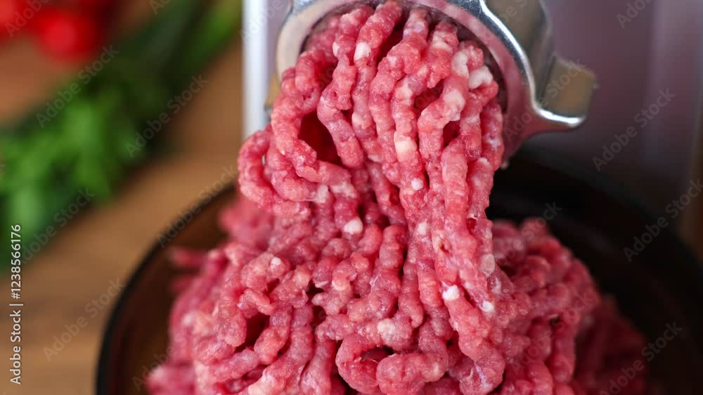A close-up view from above of a metal meat grinder, from which minced meat of red pork and beef comes out against the background of wood and vegetables. The concept of cooking, healthy food, dietary A close-up view from above of a metal meat grinder, from which minced meat of red pork and beef comes out against the background of wood and vegetables. The concept of cooking, healthy food, dietary