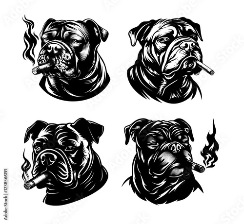 Bulldog heads smoking cigar engraving vector set. Smoke dog pet canine, puffing tobacco character animal avatars portraits, monochrome black isolated illustrations on white backdrop