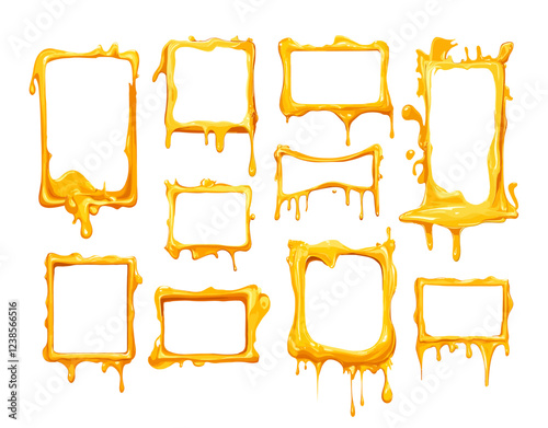 Cheese melting frames cartoon vector set. Yellow cheddar parmesan leaking squares, fusing molting empty dripping mozzarella smudges splashes blobs borders, isolated illustrations on white