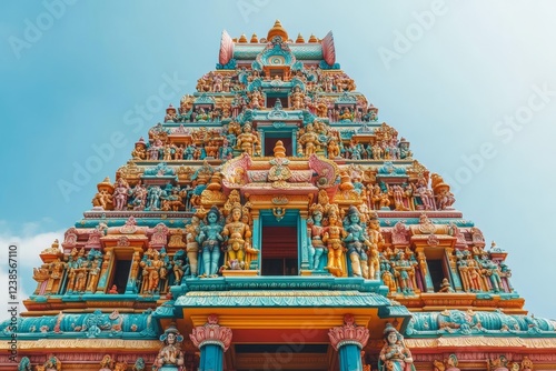 Colorful South Indian temple, vibrant carvings, clear sky, travel