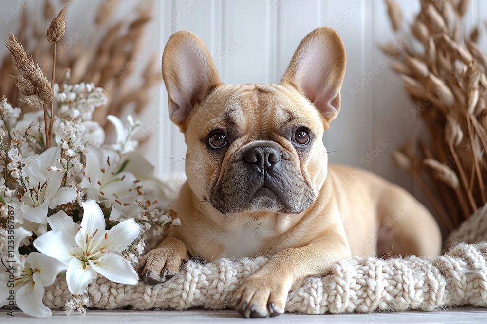 Frame featuring a dog with a collar and lilies on a wooden table by a light-colored wall Frame featuring a dog with a collar and lilies on a wooden table by a light-colored wall