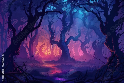 Fototapeta Naklejka Na Ścianę i Meble -  illustration tree mystery forest wild jungle halloween Dark mysterious forest on a spooky night. glowing light