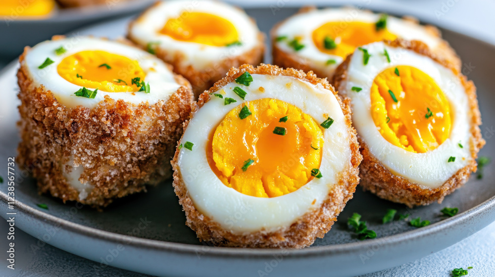 Egg lover, A detailed shot of Scotch eggs highlighting texture and quality in high fidelity. Egg lover, A detailed shot of Scotch eggs highlighting texture and quality in high fidelity.