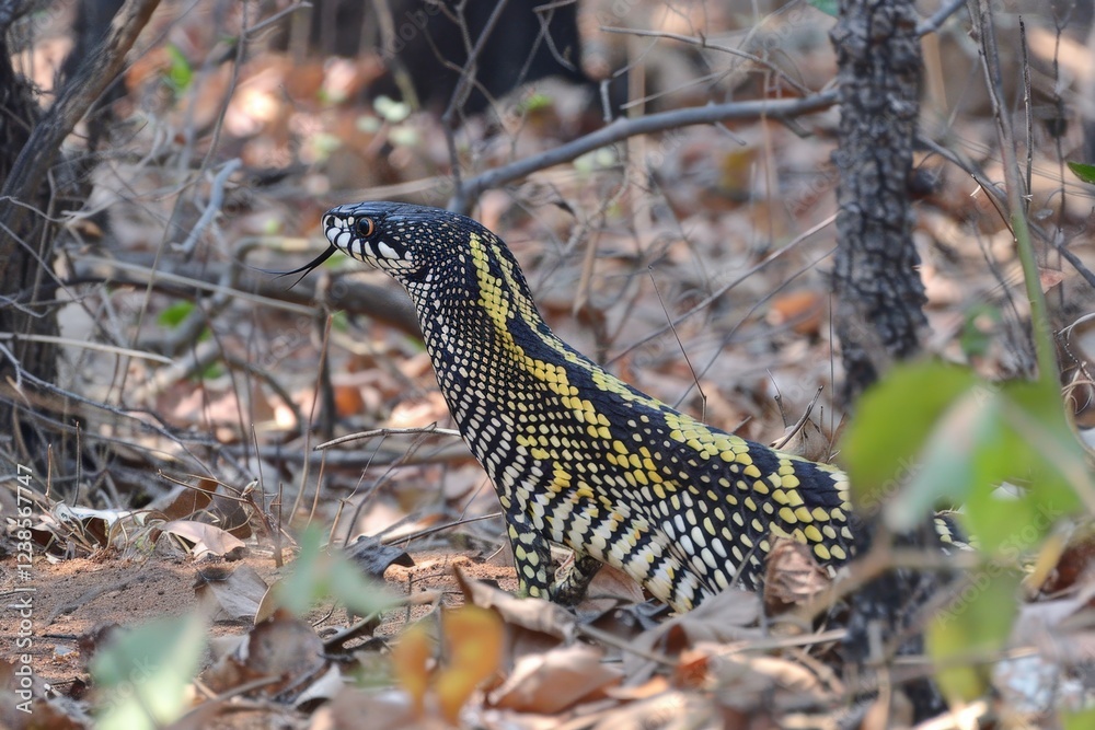 Obraz premium A colorful reptile stands among fallen leaves and branches in a forest, showcasing its distinctive patterns against a natural backdrop.