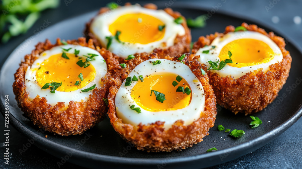 Egg lover, A detailed image of a plate of Scotch eggs, showcasing high fidelity and vibrant colors. Egg lover, A detailed image of a plate of Scotch eggs, showcasing high fidelity and vibrant colors.