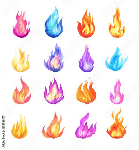 Elemental magical flames vector set. Arcane glowing blaze sorcery enchanting mystic fires, burning radiant witchery embers sparks flares, isolated illustrations on white background