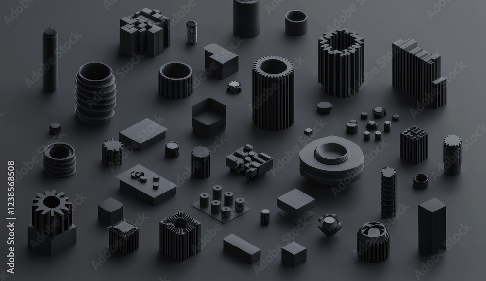 Abstract dark grey 3D rendered shapes and geometric forms scattered on a dark background. Abstract dark grey 3D rendered shapes and geometric forms scattered on a dark background.