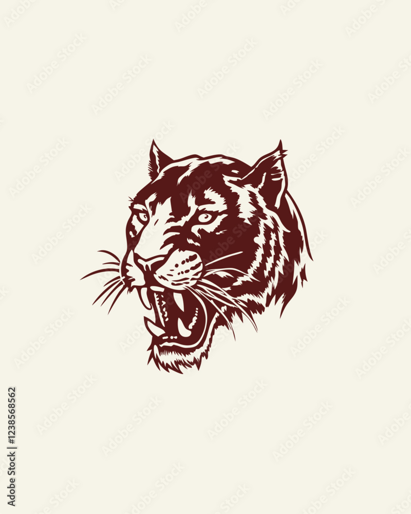 Fototapeta premium Fierce Tiger Head Illustration with Roaring Expression and Detailed Features