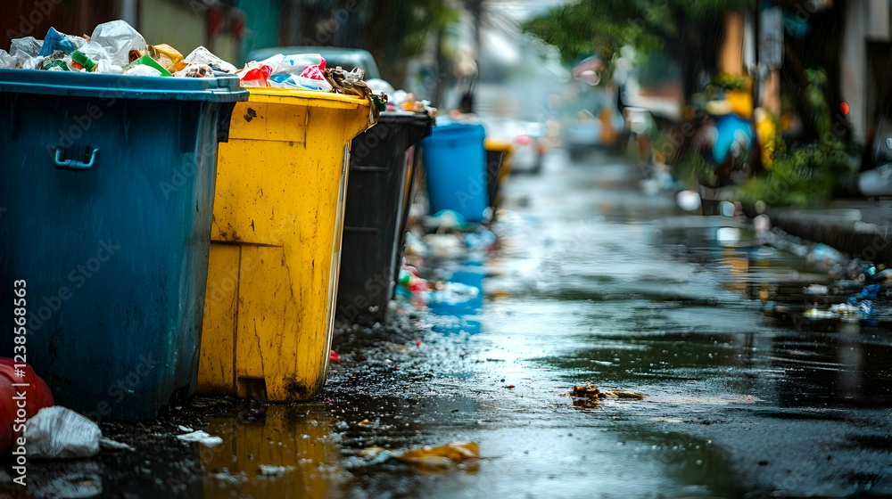 Dirty garbage and plastic trash bins on a wet urban road, symbolizing poor waste management Dirty garbage and plastic trash bins on a wet urban road, symbolizing poor waste management