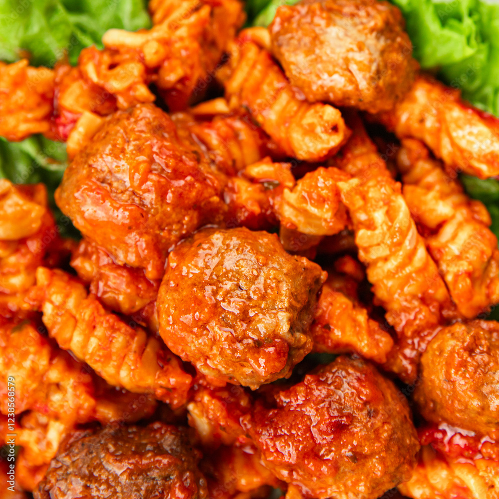Pasta meatballs tomato sauce fresh tasty food dish delicious gourmet food background on the table rustic food top view copy space Pasta meatballs tomato sauce fresh tasty food dish delicious gourmet food background on the table rustic food top view copy space