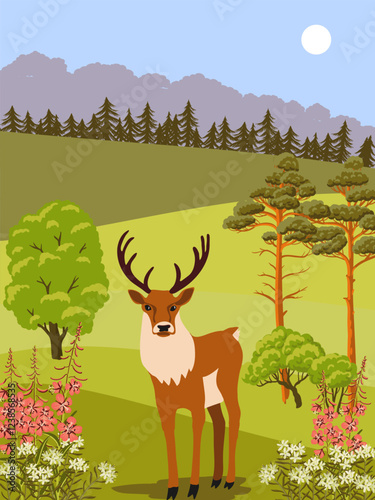 vector drawing summer landscape with flowers, deer, sun and trees, hand drawn illustration