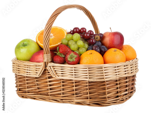 Picnic basket full of fruit isolated on Transparent Background.