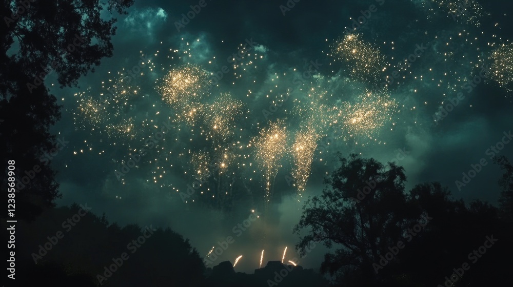 Obraz premium Nighttime Fireworks Display over Dark Silhouetted Trees and Cloudy Sky