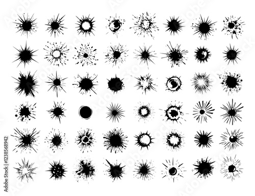 Explosion bursts black ink sketch vector set. Explosive tnt demolition smoke wave traces, blasts shockwave outburst ammo warfare rockets missiles grenades dynamite detonations, monochrome isolated art