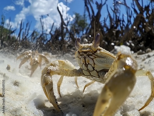 Crabs Scuttling on Sandy Beach in a Low Angle with Sky and Trees
