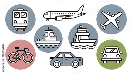Transportation Icons: Colorful Circle Line Art Set