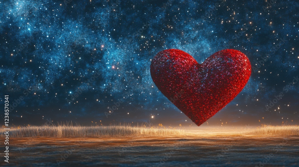 Fototapeta premium Glittering Red Heart in Starry Night Sky Over Calm Landscape